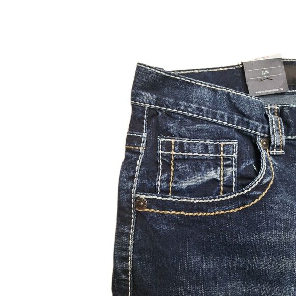 True Luck Jeans Men's 30/30 Slim Fit Classic Stretch Flap Pockets Thick Stitch - Picture 4 of 12
